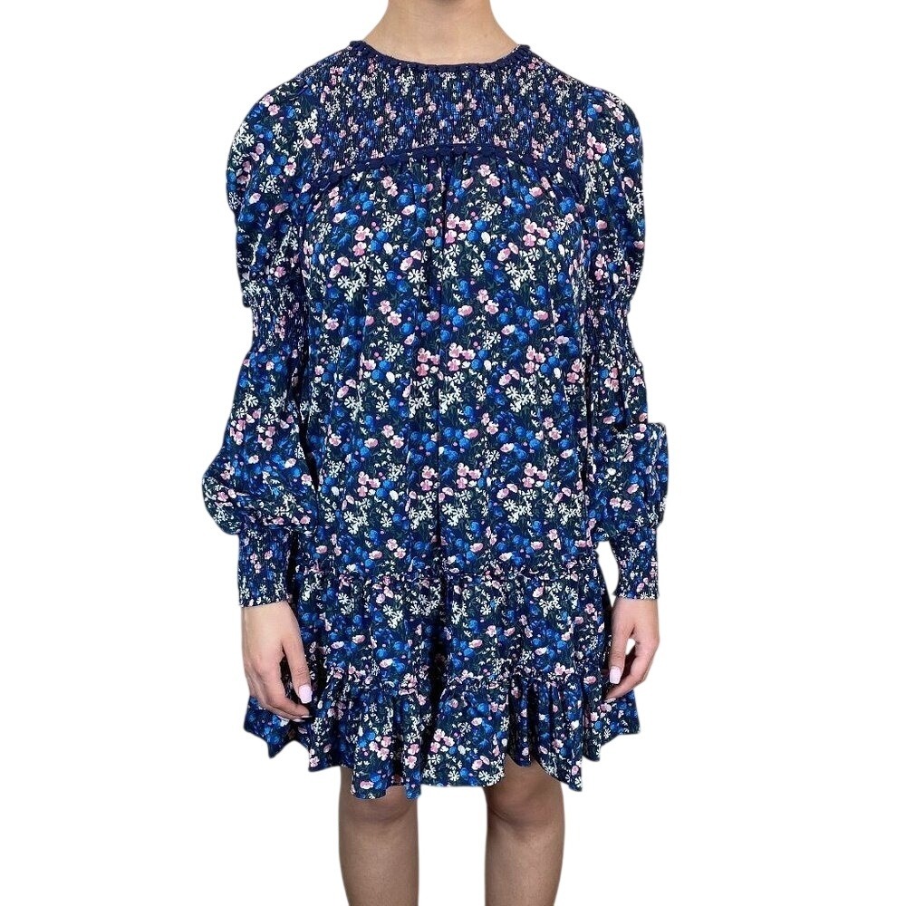 Allison‎ New York Smocked Floral Mini Dress Blue Pink Puff Sleeve Tiered S NEW